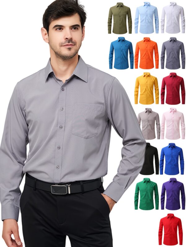 Regular Men's Formal Shirts, Wrinkle-free, Slight Stretch, Solid Color Business Shirts With Buttons - Image 9