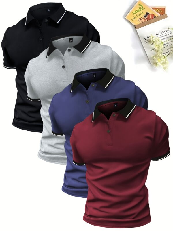 4-Pack Men'S Summer Polo Shirts, Solid Color Short Sleeve, Regular Fit, Knit Fabric, Polyester 95%, Elastane 5%, Lapel Collar, Button Detail, Slight Stretch, Casual Sportswear Tops - Image 6