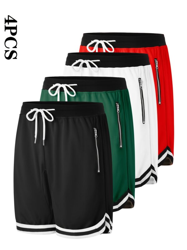 4pcs Men's Casual Athletic Shorts with Zipper Pockets - Breathable Polyester, Elastic Waistband, Multi-Color Basketball & Sports Wear, Machine Washable - Image 3