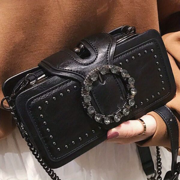 Retro Black Multi-layer Clutch Bag - Rivet Motorcycle Chain Shoulder Bag for Mobile Phone - Small Square Bag - Image 6