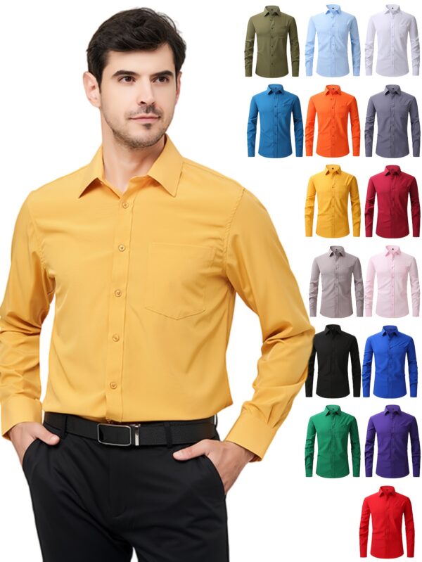 Regular Men's Formal Shirts, Wrinkle-free, Slight Stretch, Solid Color Business Shirts With Buttons - Image 7