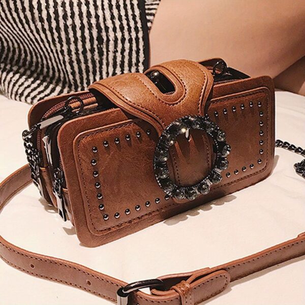 Retro Black Multi-layer Clutch Bag - Rivet Motorcycle Chain Shoulder Bag for Mobile Phone - Small Square Bag - Image 7