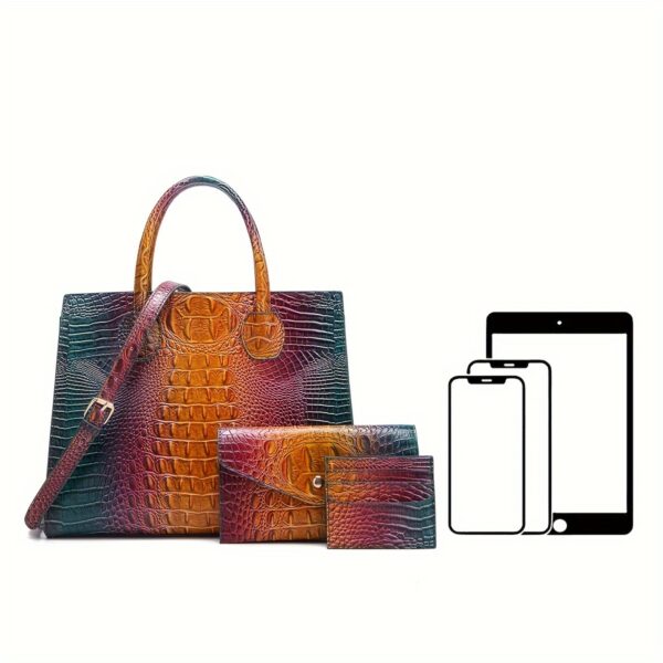 3 Pcs Crocodile Pattern Handbag & Purses Set, Multi-functional Vintage Top Handle Crossbody Bag & Business Clutch Bag & Card Coin Purse - Image 5