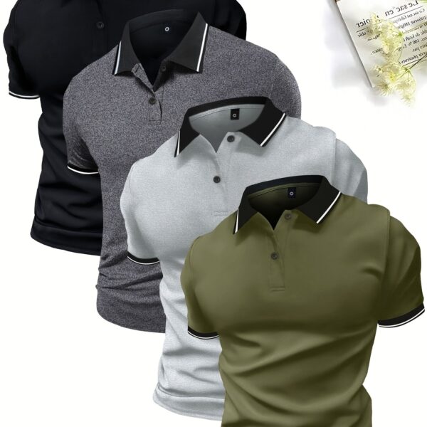 4-Pack Men'S Summer Polo Shirts, Solid Color Short Sleeve, Regular Fit, Knit Fabric, Polyester 95%, Elastane 5%, Lapel Collar, Button Detail, Slight Stretch, Casual Sportswear Tops - Image 12