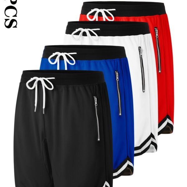 4pcs Men's Casual Athletic Shorts with Zipper Pockets - Breathable Polyester, Elastic Waistband, Multi-Color Basketball & Sports Wear, Machine Washable - Image 9