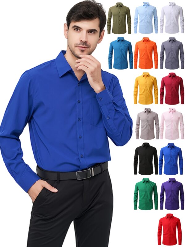 Regular Men's Formal Shirts, Wrinkle-free, Slight Stretch, Solid Color Business Shirts With Buttons - Image 6