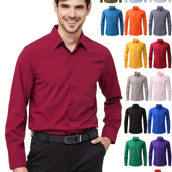 Regular Men's Formal Shirts, Wrinkle-free, Slight Stretch, Solid Color Business Shirts With Buttons - Image 15