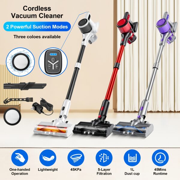 [Home Relaxation] Powerful Cordless Stick Vacuum Cleaner - 45kPa Suction, Rechargeable with 2600mAh Battery, Up to 45 Mins Runtime, Lightweight & Portable for Hardwood, Carpet, Pet Hair, and Tight Spaces, Includes LED Lights & Crevice Tool, Cordless Vacuu