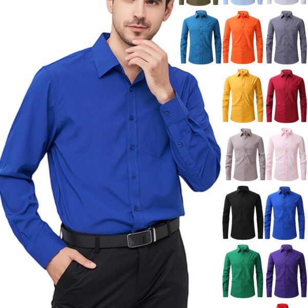 Regular Men's Formal Shirts, Wrinkle-free, Slight Stretch, Solid Color Business Shirts With Buttons - Image 24