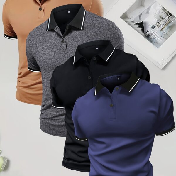 4-Pack Men'S Summer Polo Shirts, Solid Color Short Sleeve, Regular Fit, Knit Fabric, Polyester 95%, Elastane 5%, Lapel Collar, Button Detail, Slight Stretch, Casual Sportswear Tops - Image 11