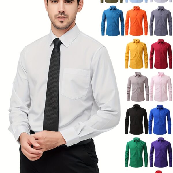 Regular Men's Formal Shirts, Wrinkle-free, Slight Stretch, Solid Color Business Shirts With Buttons - Image 21