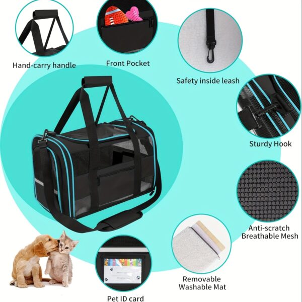 TSA-Approved Soft-Sided Cat Carrier with Collapsible Design, Cozy Fleece, Mesh Windows, Safety Zippers, and Reflective Strip – Light Blue & Black, Ideal for Small to Medium Cats and Puppies, Includes Shoulder Strap & Foldable Bowl - Image 6