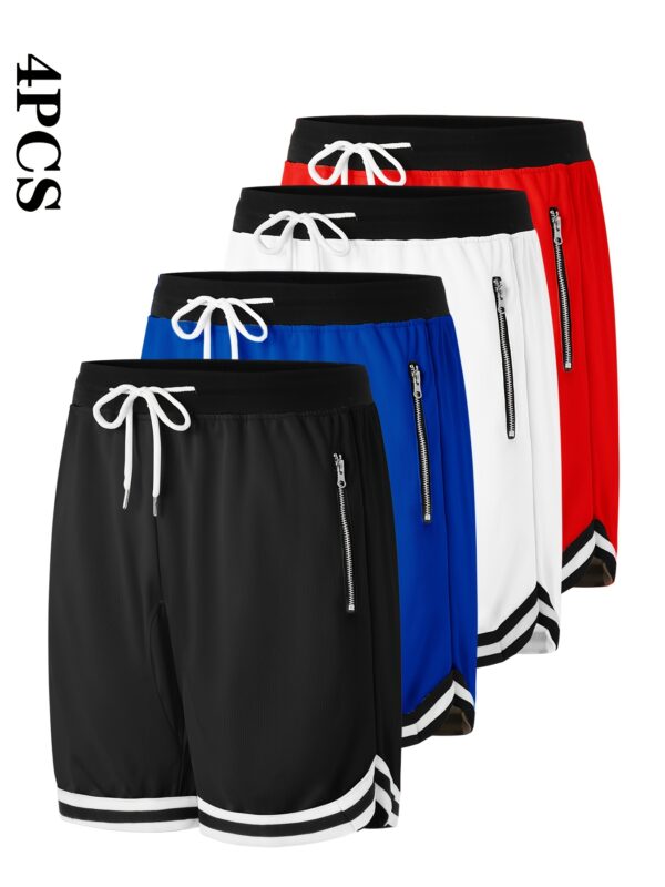 4pcs Men's Casual Athletic Shorts with Zipper Pockets - Breathable Polyester, Elastic Waistband, Multi-Color Basketball & Sports Wear, Machine Washable - Image 2