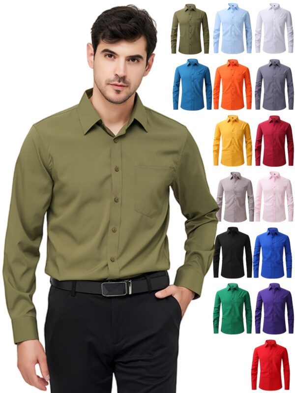 Regular Men's Formal Shirts, Wrinkle-free, Slight Stretch, Solid Color Business Shirts With Buttons