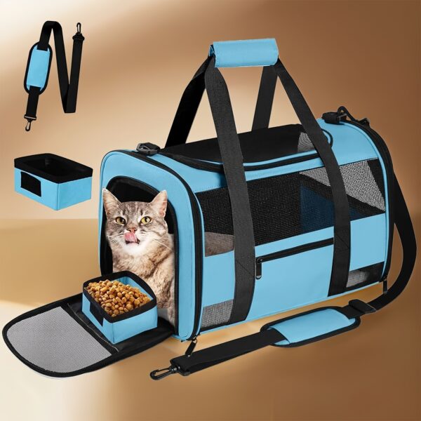 TSA-Approved Soft-Sided Cat Carrier with Collapsible Design, Cozy Fleece, Mesh Windows, Safety Zippers, and Reflective Strip – Light Blue & Black, Ideal for Small to Medium Cats and Puppies, Includes Shoulder Strap & Foldable Bowl