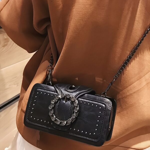 Retro Black Multi-layer Clutch Bag - Rivet Motorcycle Chain Shoulder Bag for Mobile Phone - Small Square Bag - Image 5