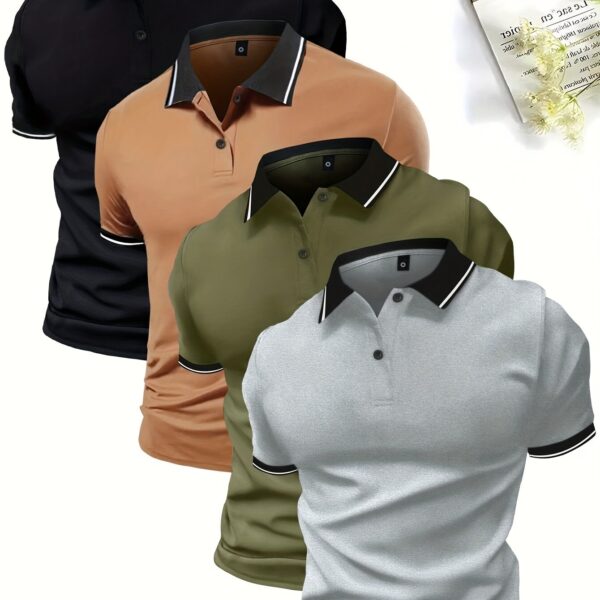 4-Pack Men'S Summer Polo Shirts, Solid Color Short Sleeve, Regular Fit, Knit Fabric, Polyester 95%, Elastane 5%, Lapel Collar, Button Detail, Slight Stretch, Casual Sportswear Tops - Image 17