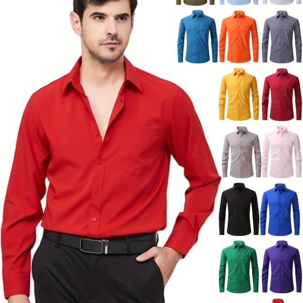 Regular Men's Formal Shirts, Wrinkle-free, Slight Stretch, Solid Color Business Shirts With Buttons - Image 17