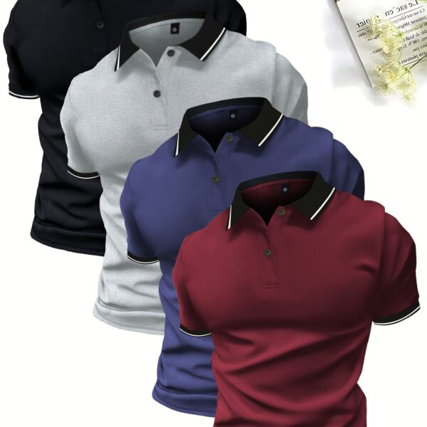 4-Pack Men'S Summer Polo Shirts, Solid Color Short Sleeve, Regular Fit, Knit Fabric, Polyester 95%, Elastane 5%, Lapel Collar, Button Detail, Slight Stretch, Casual Sportswear Tops - Image 16