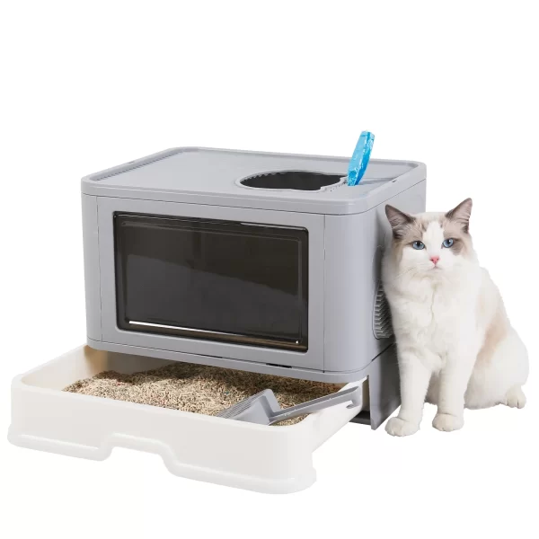 Foldable Cat Litter Box Front Entry & Top Exit Toilet Boxes with Massager Litter Scoop Enclosed Foldable Kitty Toilet - Image 7