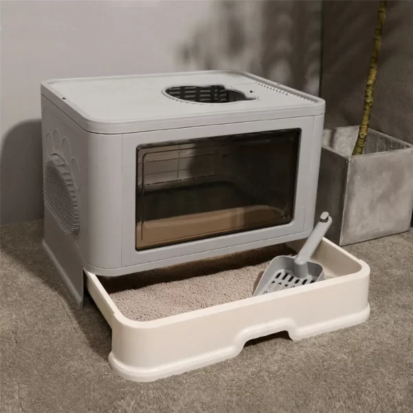 Foldable Cat Litter Box Front Entry & Top Exit Toilet Boxes with Massager Litter Scoop Enclosed Foldable Kitty Toilet - Image 2