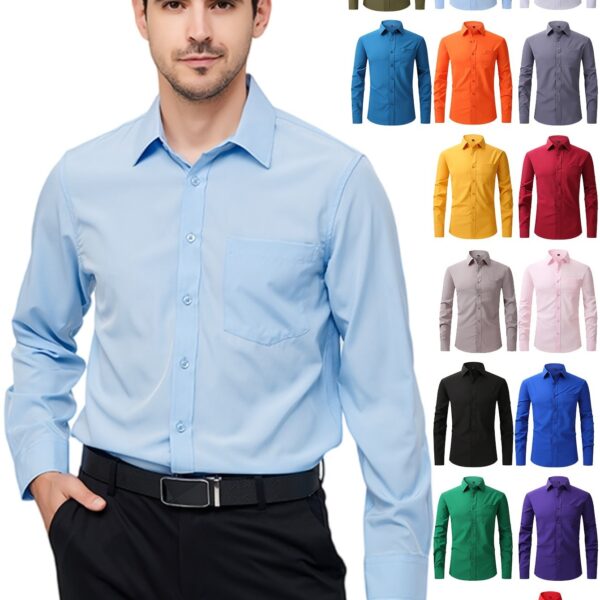 Regular Men's Formal Shirts, Wrinkle-free, Slight Stretch, Solid Color Business Shirts With Buttons - Image 22