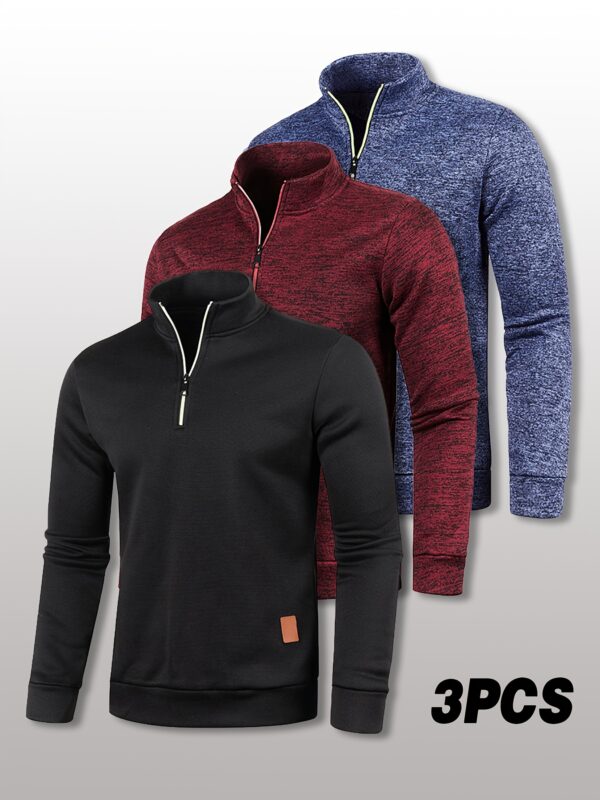 [3-Pack Fleece-Lined Sweatshirts for Hiking] 3-Pack Men'S Fleece-Lined Half-Zip Sweatshirts, Casual Solid Color Pullovers with Stand Collar, Long Sleeve, Polyester 100%, Slight Stretch, Knit Fabric, 210g/m², for Fall/Winter, Hiking & Outdoor, Regular Fit - Image 2