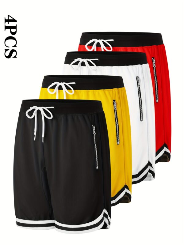 4pcs Men's Casual Athletic Shorts with Zipper Pockets - Breathable Polyester, Elastic Waistband, Multi-Color Basketball & Sports Wear, Machine Washable