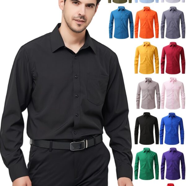 Regular Men's Formal Shirts, Wrinkle-free, Slight Stretch, Solid Color Business Shirts With Buttons - Image 18