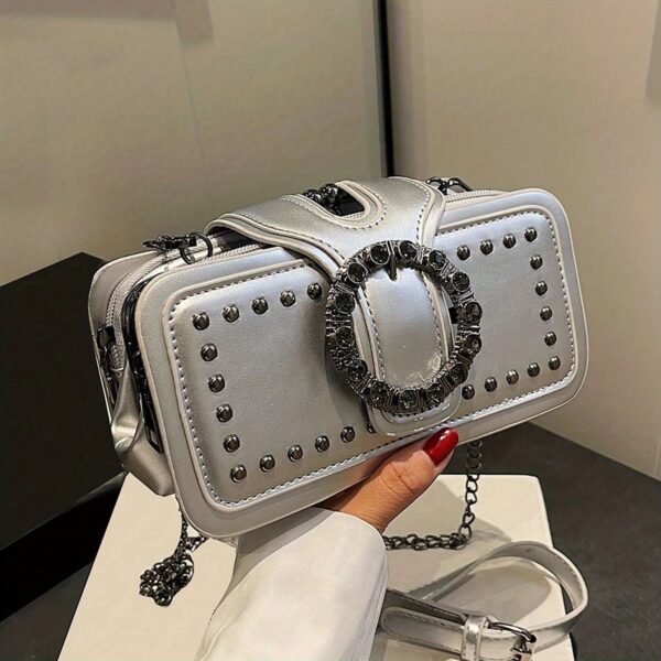 Retro Black Multi-layer Clutch Bag - Rivet Motorcycle Chain Shoulder Bag for Mobile Phone - Small Square Bag - Image 10