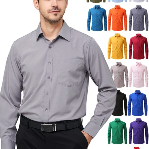 Regular Men's Formal Shirts, Wrinkle-free, Slight Stretch, Solid Color Business Shirts With Buttons - Image 11