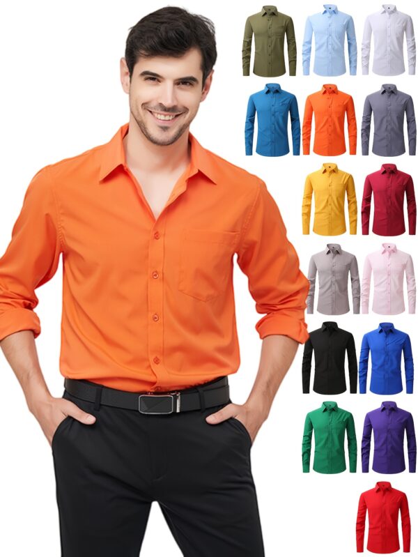 Regular Men's Formal Shirts, Wrinkle-free, Slight Stretch, Solid Color Business Shirts With Buttons - Image 5