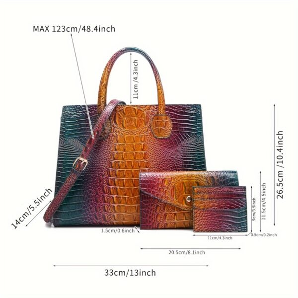 3 Pcs Crocodile Pattern Handbag & Purses Set, Multi-functional Vintage Top Handle Crossbody Bag & Business Clutch Bag & Card Coin Purse - Image 3