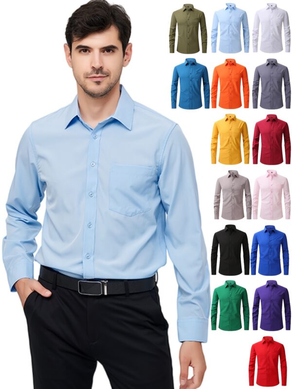 Regular Men's Formal Shirts, Wrinkle-free, Slight Stretch, Solid Color Business Shirts With Buttons - Image 8