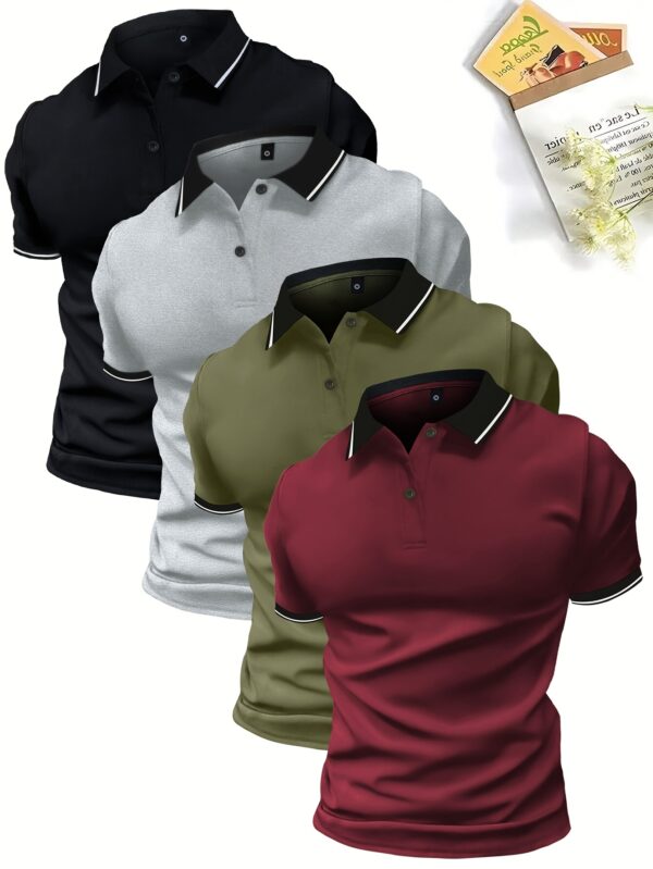 4-Pack Men'S Summer Polo Shirts, Solid Color Short Sleeve, Regular Fit, Knit Fabric, Polyester 95%, Elastane 5%, Lapel Collar, Button Detail, Slight Stretch, Casual Sportswear Tops - Image 7