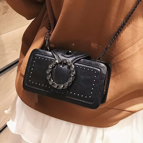 Retro Black Multi-layer Clutch Bag - Rivet Motorcycle Chain Shoulder Bag for Mobile Phone - Small Square Bag - Image 2