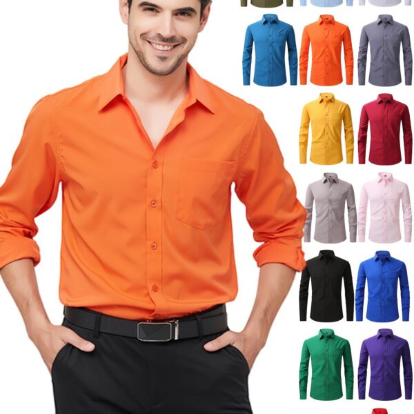 Regular Men's Formal Shirts, Wrinkle-free, Slight Stretch, Solid Color Business Shirts With Buttons - Image 14