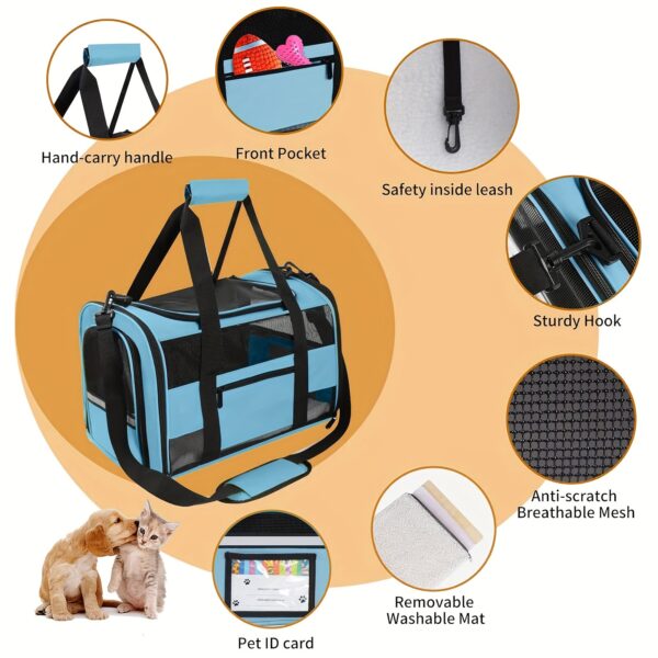 TSA-Approved Soft-Sided Cat Carrier with Collapsible Design, Cozy Fleece, Mesh Windows, Safety Zippers, and Reflective Strip – Light Blue & Black, Ideal for Small to Medium Cats and Puppies, Includes Shoulder Strap & Foldable Bowl - Image 3