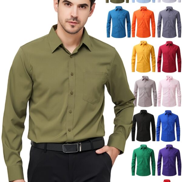 Regular Men's Formal Shirts, Wrinkle-free, Slight Stretch, Solid Color Business Shirts With Buttons - Image 13