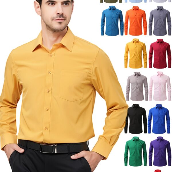 Regular Men's Formal Shirts, Wrinkle-free, Slight Stretch, Solid Color Business Shirts With Buttons - Image 16