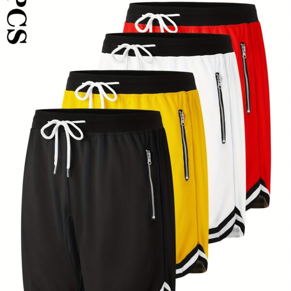 4pcs Men's Casual Athletic Shorts with Zipper Pockets - Breathable Polyester, Elastic Waistband, Multi-Color Basketball & Sports Wear, Machine Washable - Image 10