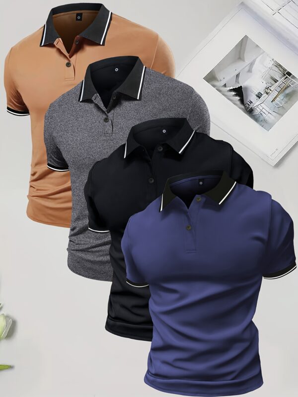 4-Pack Men'S Summer Polo Shirts, Solid Color Short Sleeve, Regular Fit, Knit Fabric, Polyester 95%, Elastane 5%, Lapel Collar, Button Detail, Slight Stretch, Casual Sportswear Tops - Image 3