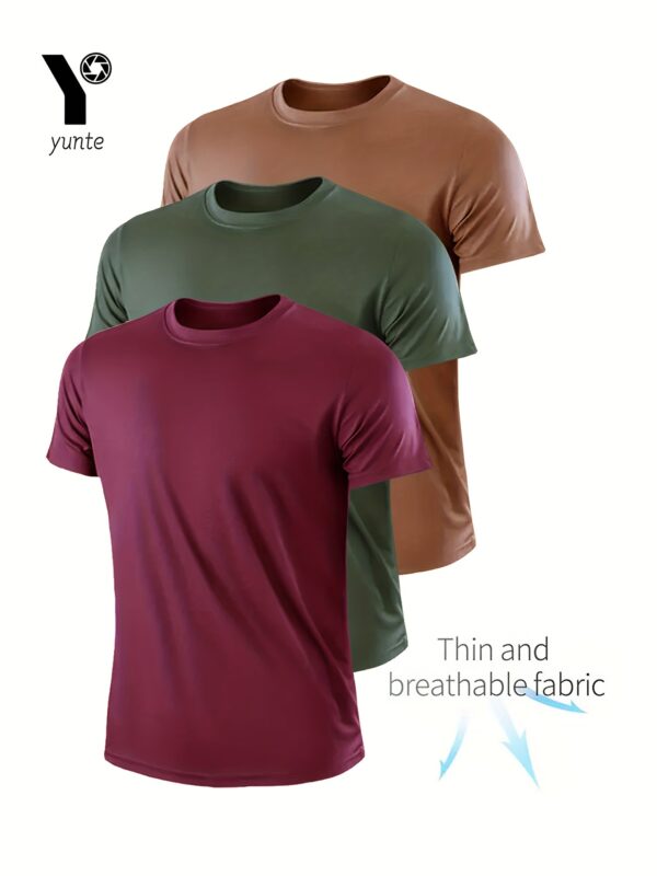 Breathable, Moisture-Wicking 3pcs Men's Quick-Dry Athletic T-Shirts - Crew Neck Tees in Deep Red, Army Green, Khaki - Perfect for Gym, Running & Training